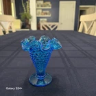 Fenton Glass Colonial Blue Hobnail Small Vase Footed Ruffled 4”H Vintage