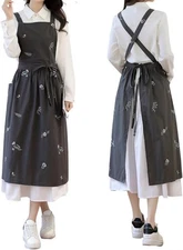 Pinafore Apron Dress，Japanese Cotton Linen Cross Back Apron for Women with Pocke