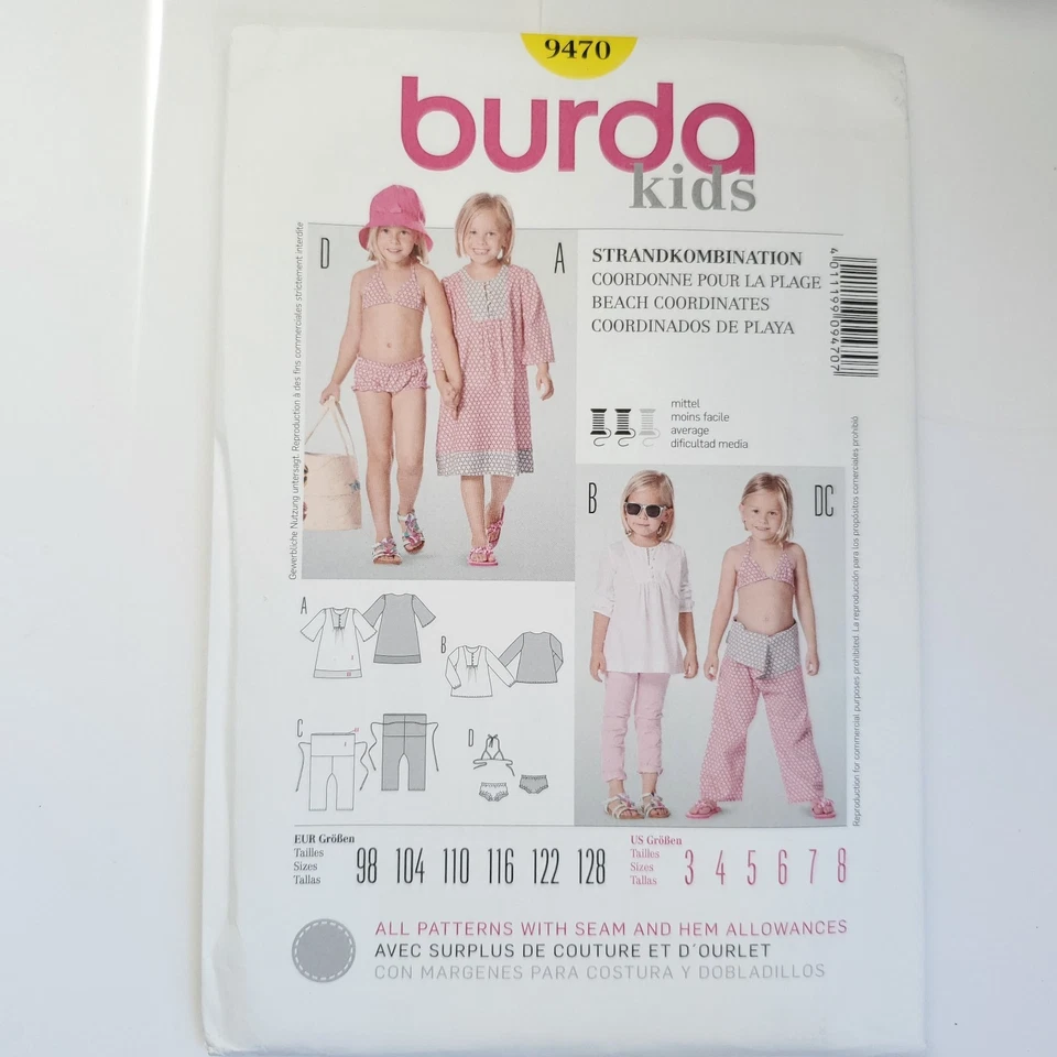 90s Burda Pattern 9470 Girls Beach Coordinates Swim Suit Dress Shirt Pants 3-8 - Image 2 of 3
