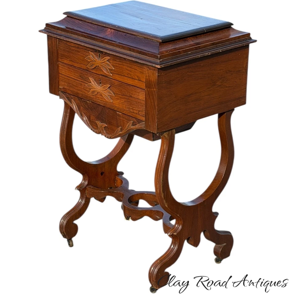 Antique Rosewood victorian sewing stand table work transitional 1870 classical - Image 3 of 4