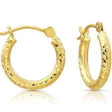 14K Real Solid Gold Hand Engraved Fancy Diamond-Cut Small Hoops Earrings 13mm