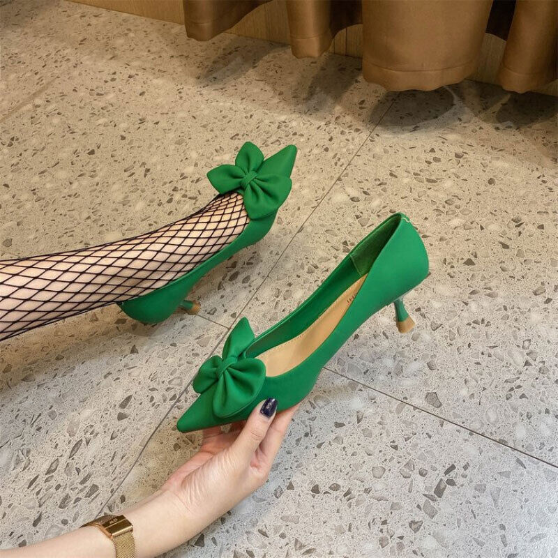 Womens Slip On High Kitten Heel Bow Pointed Toe Faux Leather Mid-Heel Pump  Shoes