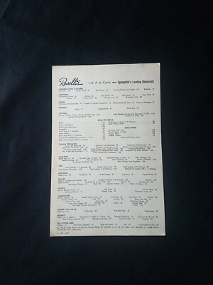 Vintage Restaurant Menu - Rovelli's Springfield Massachusetts 1945