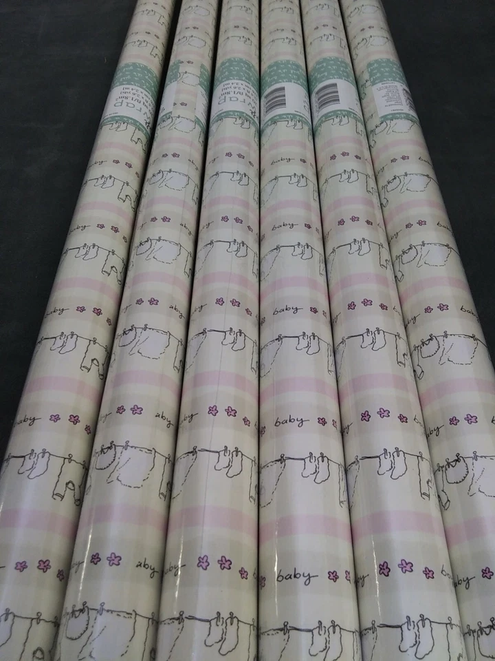6 rolls Gift wrap baby clothes on line  20sq ft pink beige with pink flowers. - Image 4 of 4