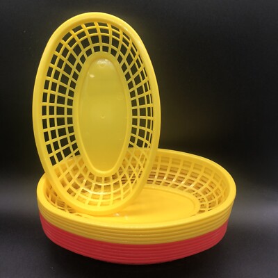 12 Oval Fast Food Burger & Fries Baskets Reusable Bread Basket 6 Red & 6 Yellow