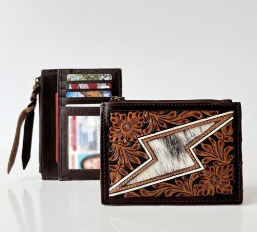Handcrafted Genuine Leather Card Holder with Western Design - Small Card Wallet - Picture 2 of 16