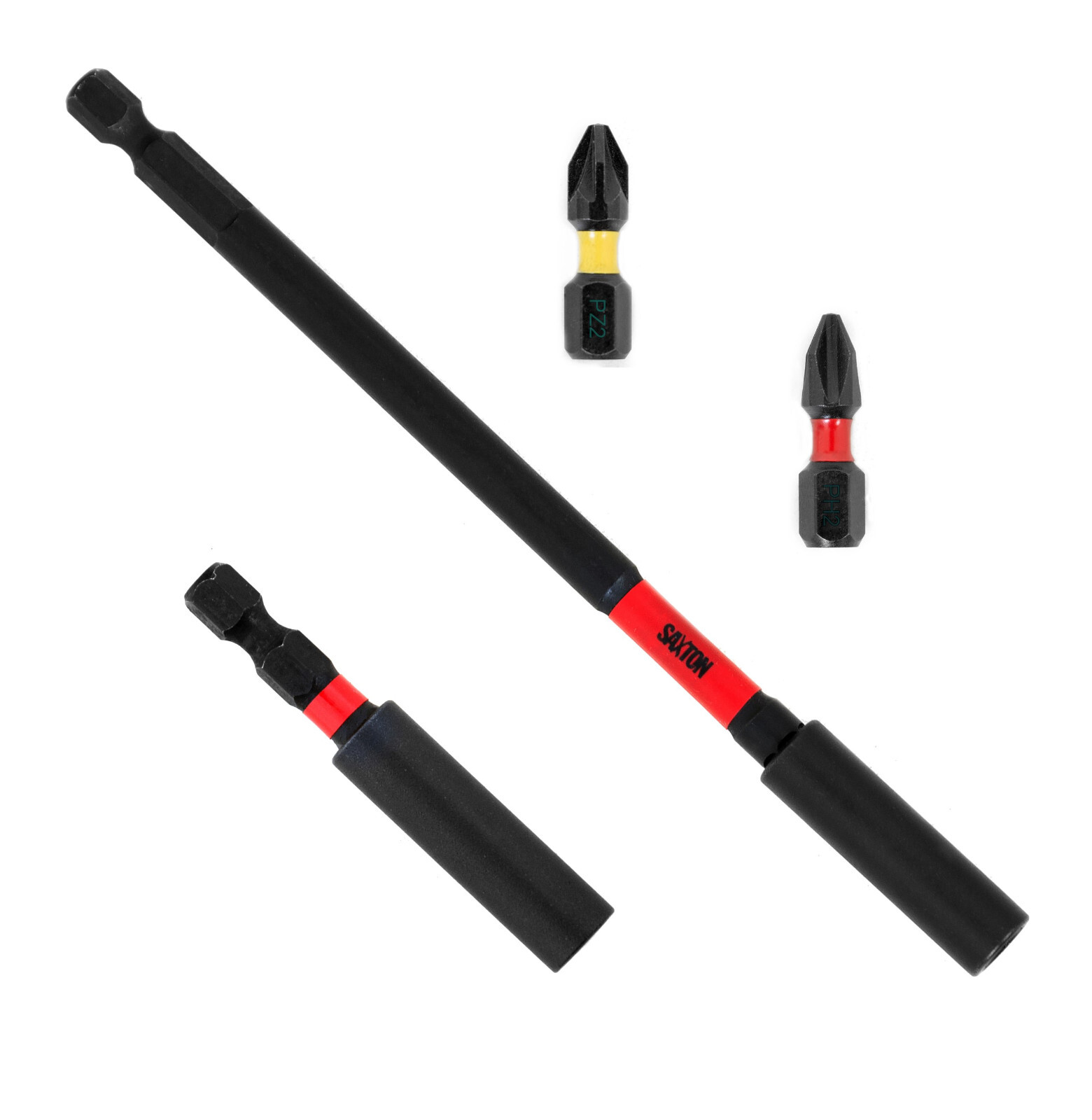 Saxton 4pc 60mm and 152mm Magnetic Impact Bit Holders + 2 bits PH2 PZ2