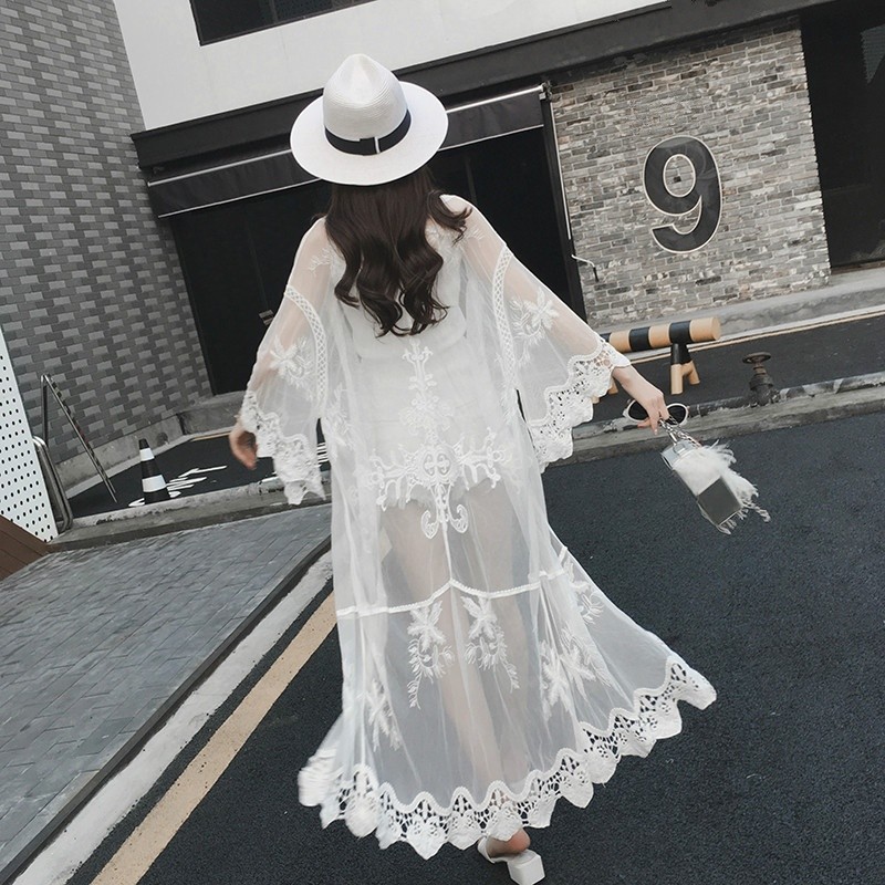 Lace Kimono White Lace Coat Summer Women See-through Lace Floral - Main Image