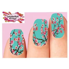 Waterslide Full Nail Decals Set of 10 - Teal Cherry Blossoms Assorted