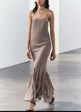 ZARA WOMEN DRESS WITH RUFFLES TAUPE GREY SIZE L BNWT GEORGETTE