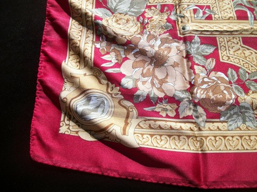 Vintage Print Scarf Flowers & Scrolls Dark Red Tan Brown Green SC56 - Picture 6 of 12