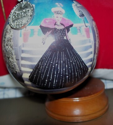 Matrix 1998 Barbie Black Dress Round Ball Ornament w/ 9'' Wood Stand & Metal Hook