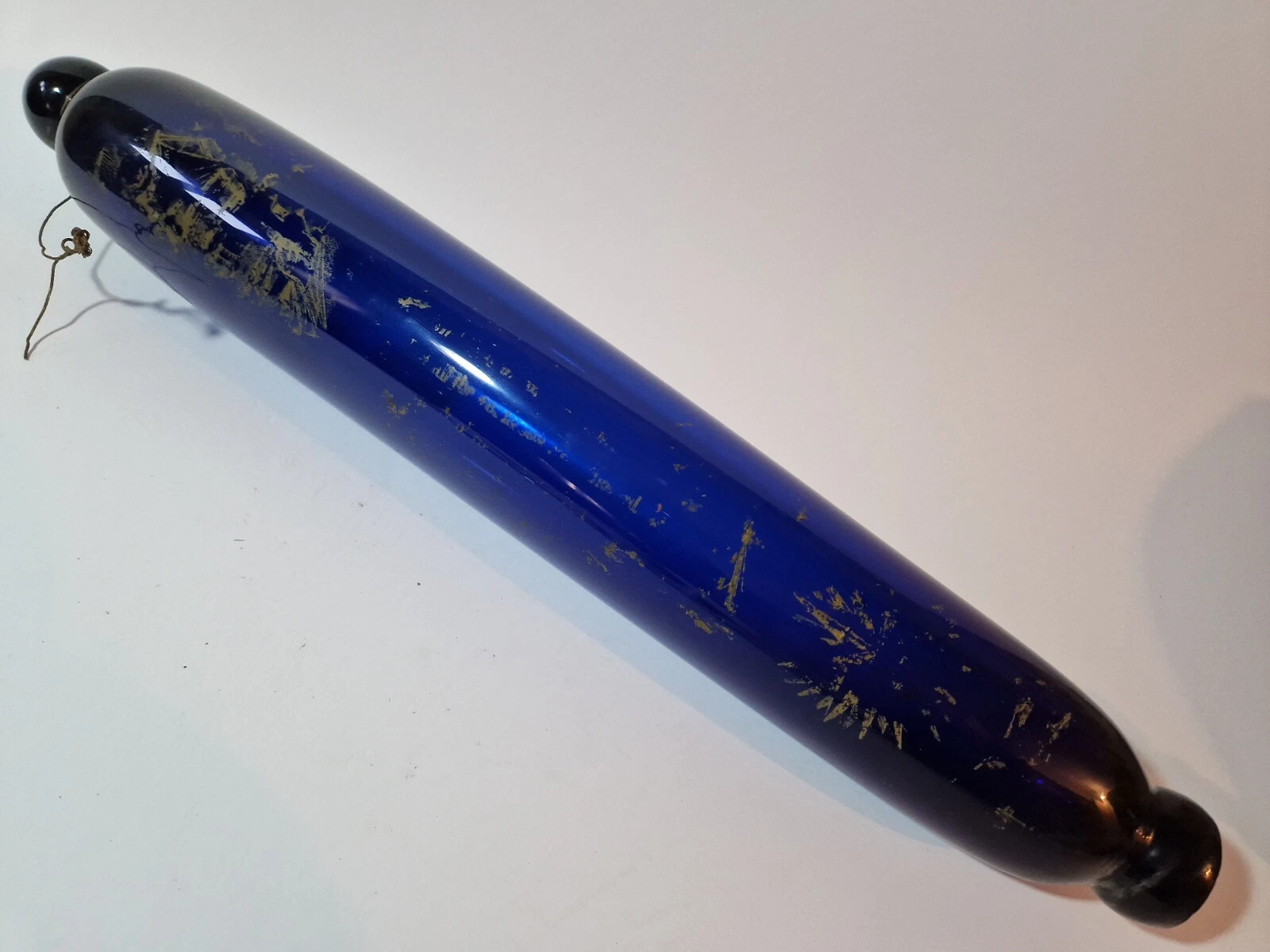 ANTIQUE BLUE GLASS ROLLING PIN - PAINTED GILT DECORATION 17"