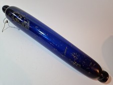 ANTIQUE BLUE GLASS ROLLING PIN - PAINTED GILT DECORATION 17"