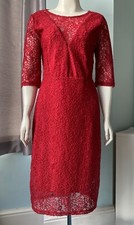 Vintage NEXT Red Lace Fitted Zipped Midi Dress Fully Lined Half Sleeve Size 12