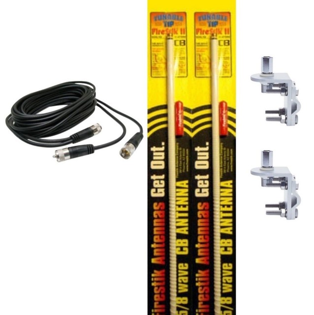 NEW 2 FIRESTIK 2 FS4 W 4FT WHITE CB ANTENNAS, 18FT DUAL COAX, MOUNTS