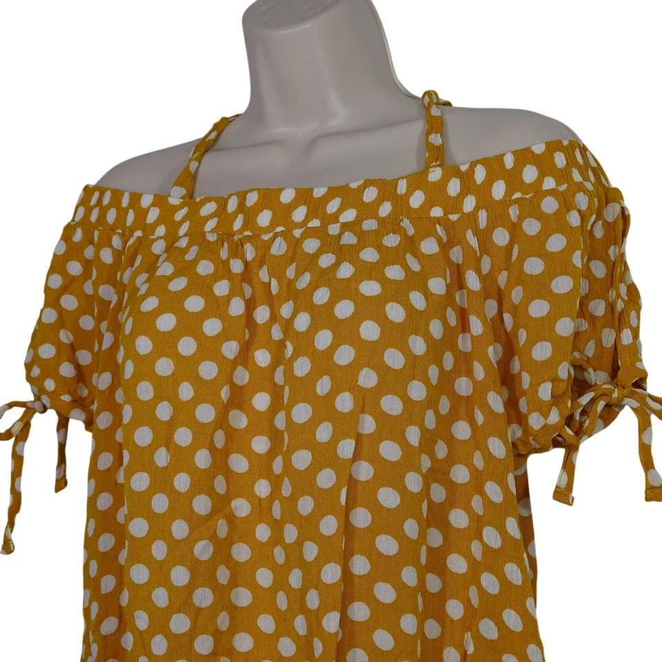 Almost Famous Yellow Gold Polka Dot Off-Shoulder Crop Top Blouse Women Size L   - Image 2 of 4