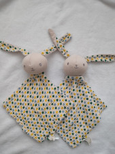 DOUDOU PLAT BEBE KLORANE LAPIN jaune  bleu blanc tissus lange x2