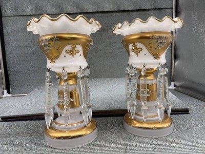 VINTAGE PAIR CZECH WHITE GILT GOLD 10.25'' MANTLE LUSTERS CRYSTAL PRISMS MINT