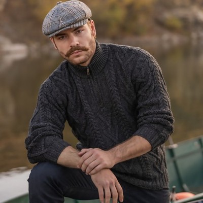 Merino Wool Aran Knit Men's Zip Sweater | Irish Fisherman Pullover