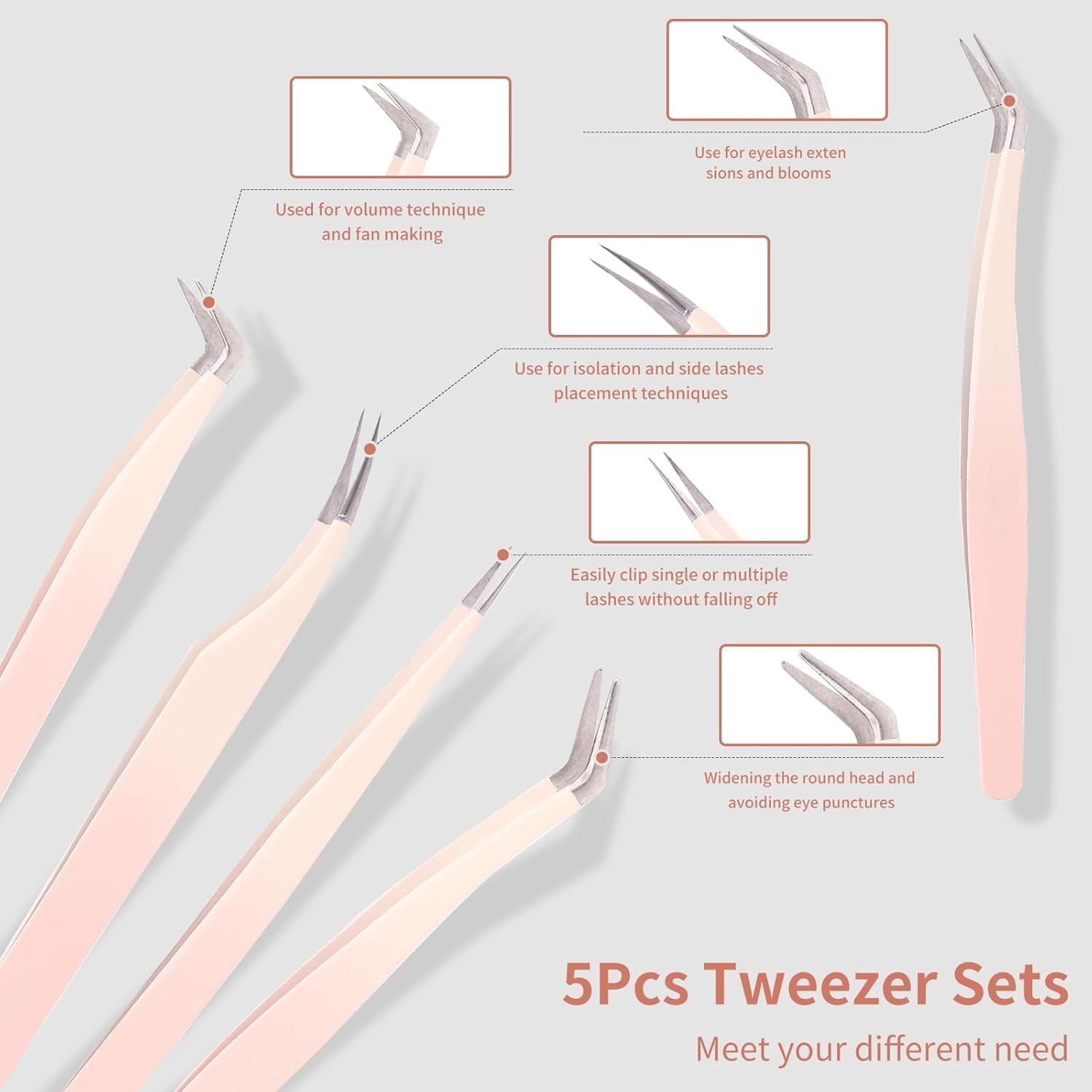 5 Pcs Lash Extension Tweezers, Lash Tweezers for Eyelash Extension, Straight and
