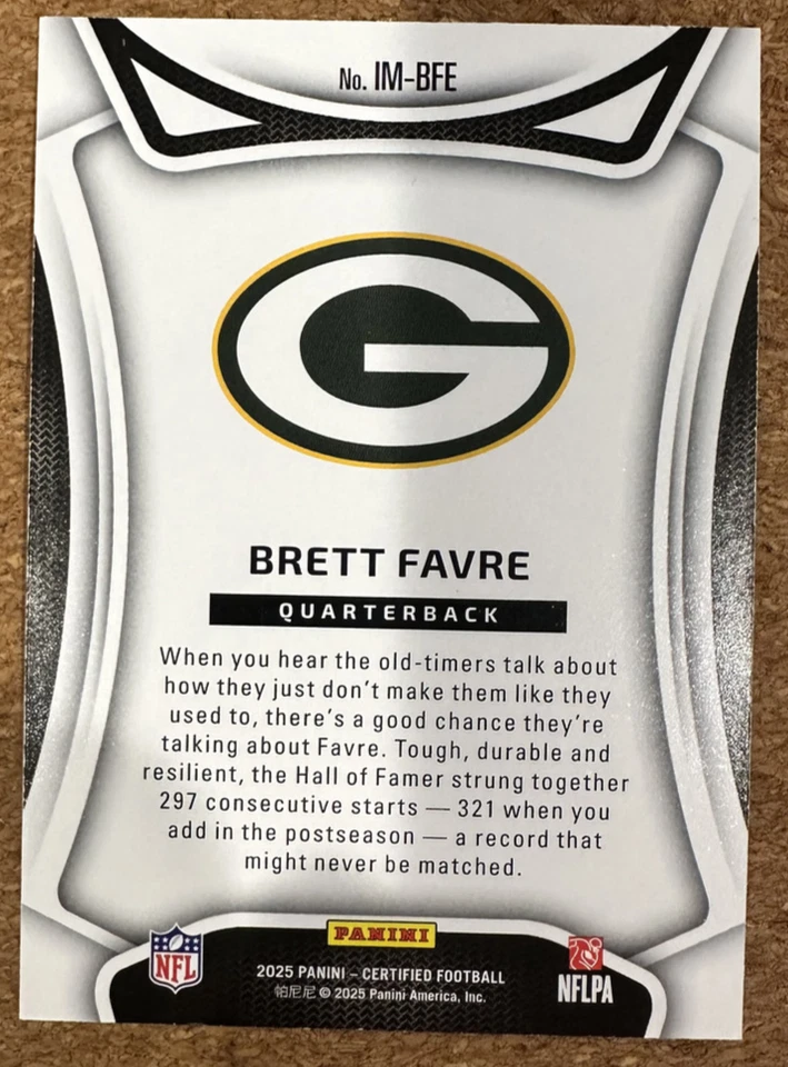 2025 Panini сертифицированные Immortals Brett Favre красные SP Green Bay Packers Зал славы /99 - Изображение 2 из 2