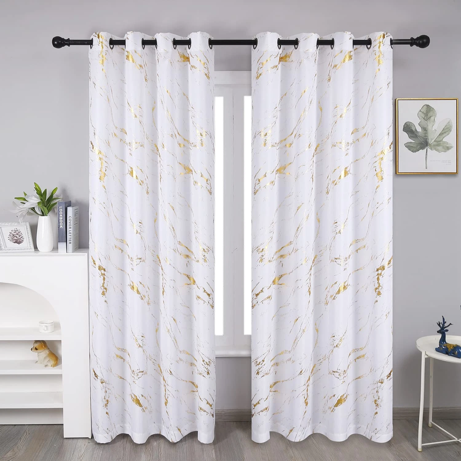 Gold Foil Print Linen Textured Curtains - Geometric Marble Pattern Design for...