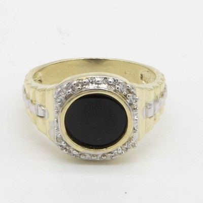 Eisenbahn runder CZ schwarzer Onyx Siegelring echt massiv 10K Gelb Weißgold