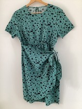 SHEIN Womens Green Animal Spot Print Faux Wrap Mini Dress L UK 12 Short Sleeve