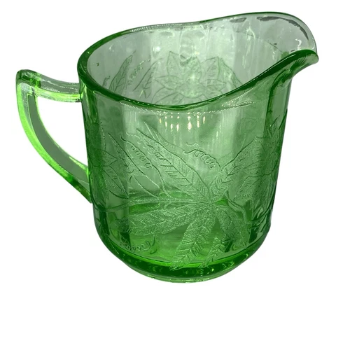 Jeannette Poinsettia Floral Uranium Green Depression Glass Creamer - 1930’s