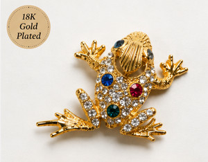 Authentic Vintage Frog Brooch 18K Gold Plated Rhinestone Crystal Colorful Animal Pin