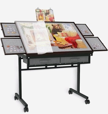 Puzzle Storage Tray w/ Image Holder, 2 Fabric & 4 Wood Drawers, Metal Wheels