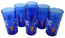 6 bezaubernde Vintage Wasergläser Longdrink Glas Kobaltblau goldene Trauben