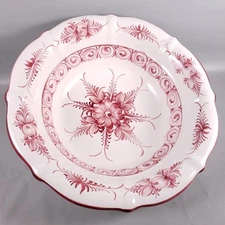 Vintage PORTUGAL Hand Painted Maroon FLORAL FAIENCE Ceramic Wash Basin BOWL