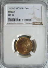 Great Britain 1871 Shield Gold 1 Sovereign NGC MS-61 Die#28