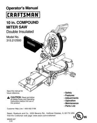 #ad Craftsman 315.212500 Miter Saw Owners Instruction Manual $20.24