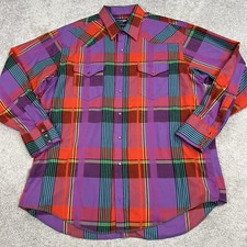 Wrangler Shirt 17.5 - 35 Purple Red Plaid Pearl Snaps Western Cowboy Rodeo USA
