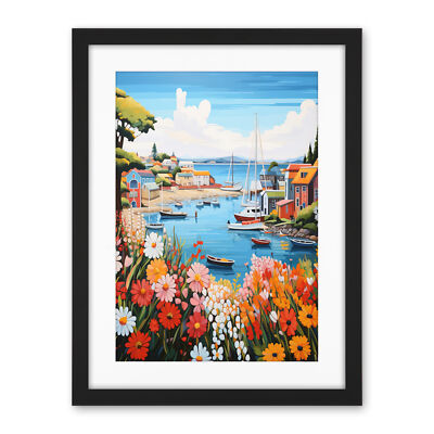 Idyllic Scenic Seaside Fishing Village Bright Floral Harbor Framed Print 18X24