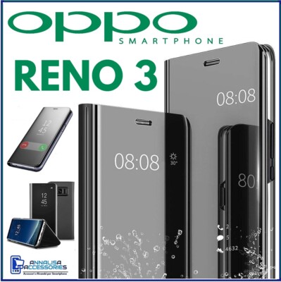 FLIP COVER FOR OPPO REINDEER 3 BLACK MIRROR BOOK CASE CLEAR VIEW SHELL 360°
