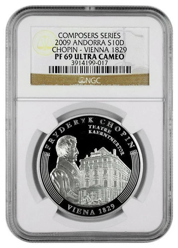 Rare 2009 Andorra Large Proof Silver 10 D Chopin 200 years-1829 Vienna NGC PF69