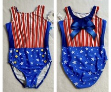 New DESTIRA gymnastics Leotard MS. LIBERTY Patriotic USA Bow GK Child Large CL