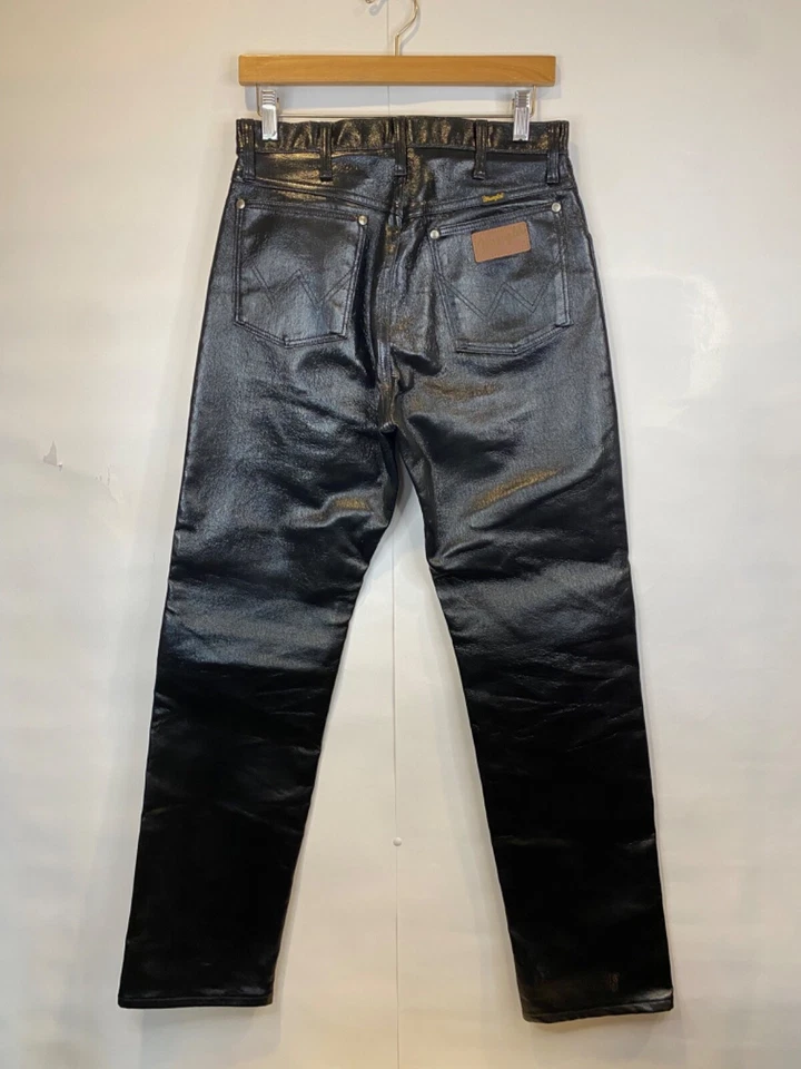 复古 80 年代牧马人 9x32 码黑色皮革褶边高腰牛仔裤 14MWZYB — 第 3/4 张图片