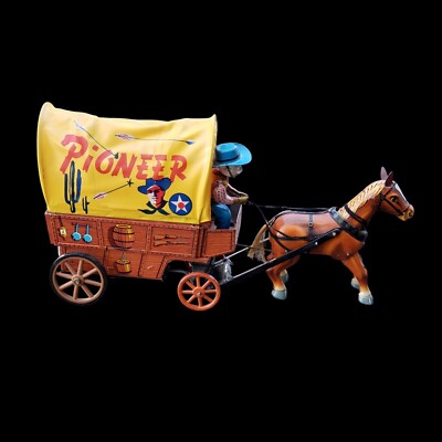 Pioneer Covered Wagon Cowboy Horse Litho Tin Toy Japan Battery