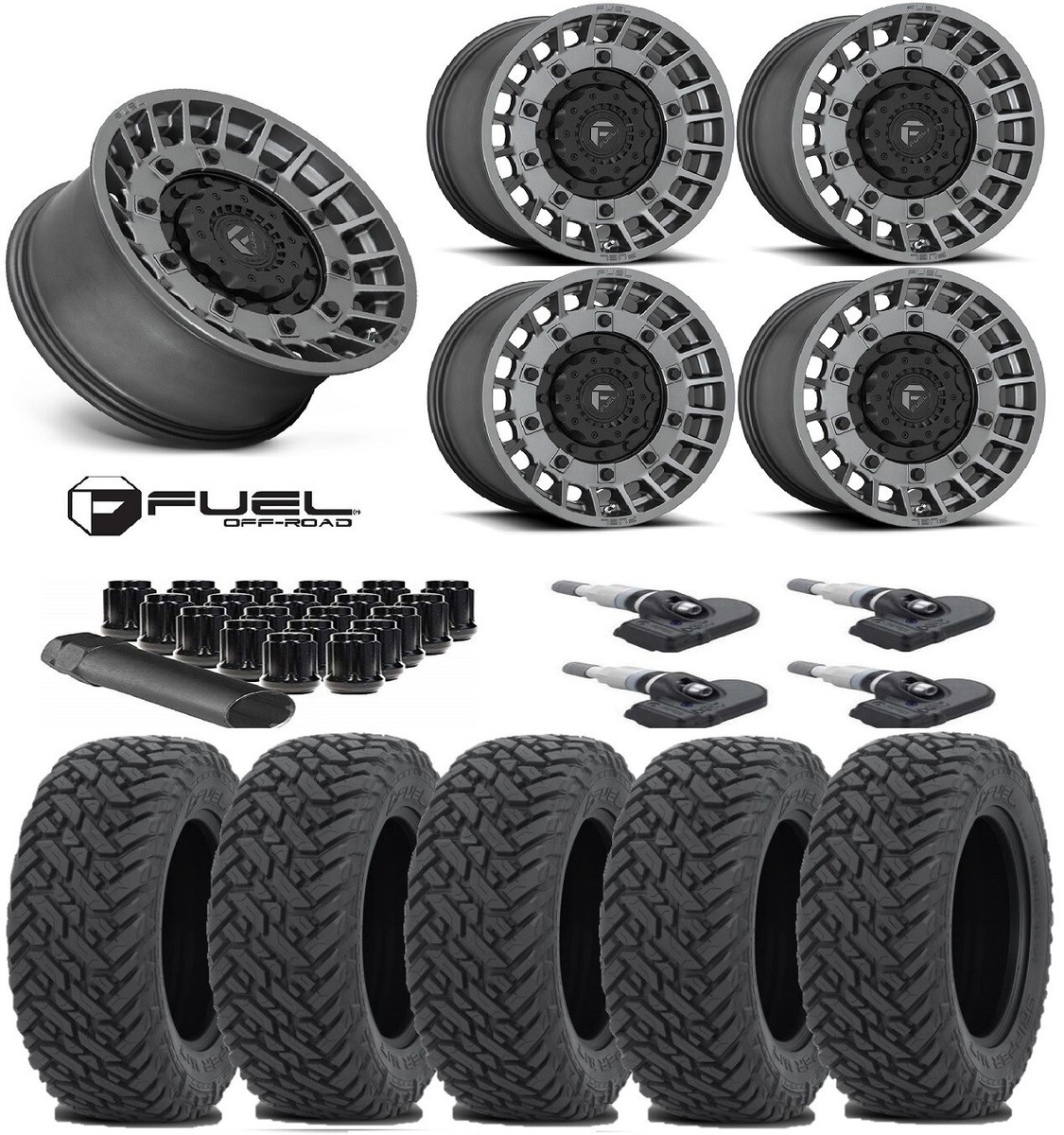 FUEL MILITIA ANTHRACITE W/ BLACK WHEELS RIMS TIRES GRIPPER MT 35