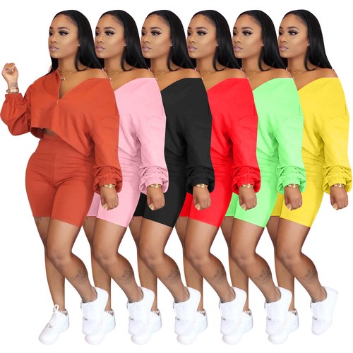 Long Sleeve Crop Top Biker Shorts Sexy 