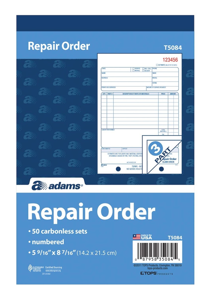 Adams Repair Order Book, 3-Part Carbonless, White/White/White, 5-9