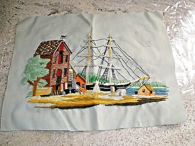 Vintage Finished Crewel Ship Water Scene Piece 15'' x 9''