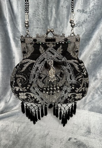 Vintage Mary Frances Shoulder Bag, Gray/Black Fabrics, Beads. RARE, Fabulous!