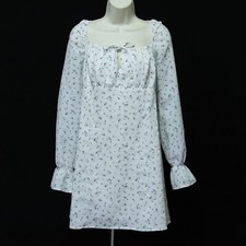 H&M Divided Floral Boho Mini Dress Women's L Large White Peasant Long Sleeve EUC