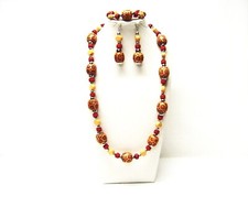 Chunky Cream/Brown Painted Oval Wood Bead Necklace/Bracelet/Earrings Set